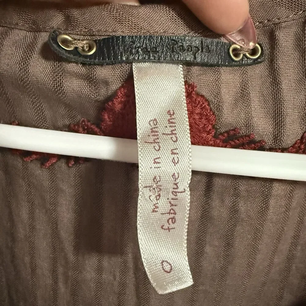 Free People Women Embroidered Scoop Neck Short Sleeve Stripe Top Brown 0 Boho - Picture 4 of 6